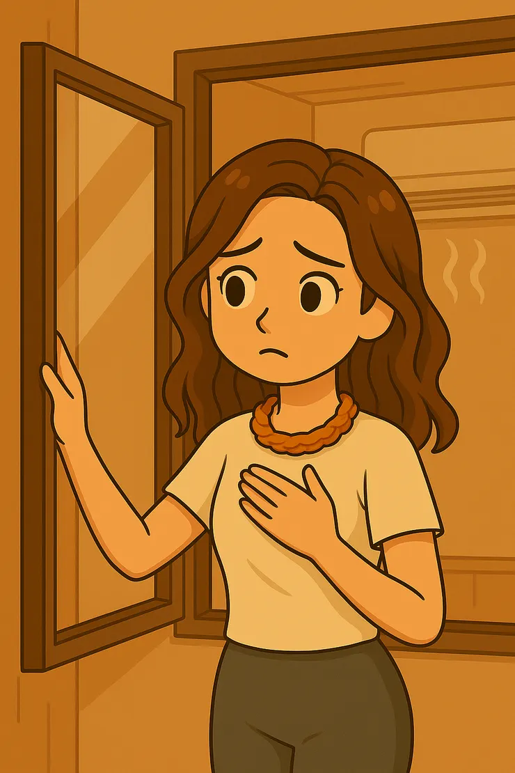 當下我的心就像圖裡的暖橘Q一樣， 手還下意識按著胸口。 那是一種很不安的感覺， 瞬間 down 到最谷底，胸口悶悶、卡卡的， 好像呼吸也跟著亂。 （註：暖橘Q就是我的化身啦～）