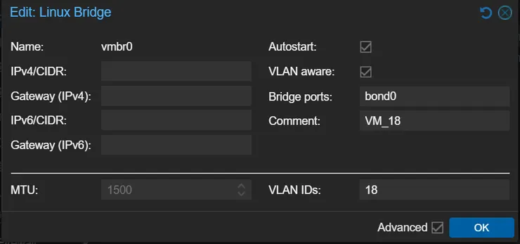 編輯 vmbr0 的視窗，Bridge ports 欄位被修改為 "bond0"