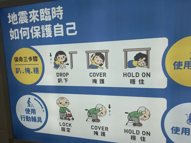 地震來臨時請謹記~趴下~掩護~穩住三步驟!