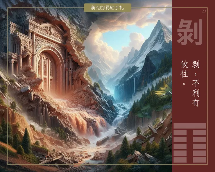 山地剝卦,象徵大山崩壞。外在雖危險,卻也是內在探索與轉化的絕佳時刻。 (漢克設計,AI生成圖)