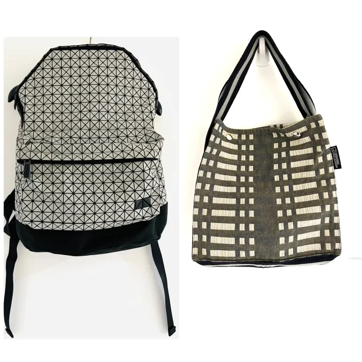 左:世界大名牌中,三宅一生算是我喜歡的收藏,它的各式皺摺衣服和包包,非常幾何!
右:2018年冬天,我和唱片公司好同事在京都錦市場裏的二手店裡,這個很幾何的布包在滿是名牌包的牆角跟我招手。回台後估狗,包包品牌Johanna Gullichsen是「從材料製線開始到織成布匹以及其他成品都是芬蘭在地完成」的牌子,非常北歐極簡風格。