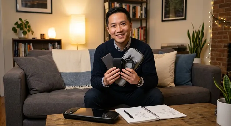 梁練偉在客廳展示掌機週邊配件，說明如何透過升級強化遊戲體驗，提供專業選購策略。