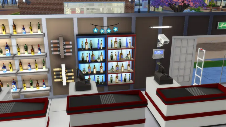 現實裏的收銀處後方擺放著貴價的高級名酒，要叫職員才能拿到。我小時候的超市也是這樣，但現在好像不流行放酒類，改了放蔘茸海味、各種補健品，甚至是奶粉。