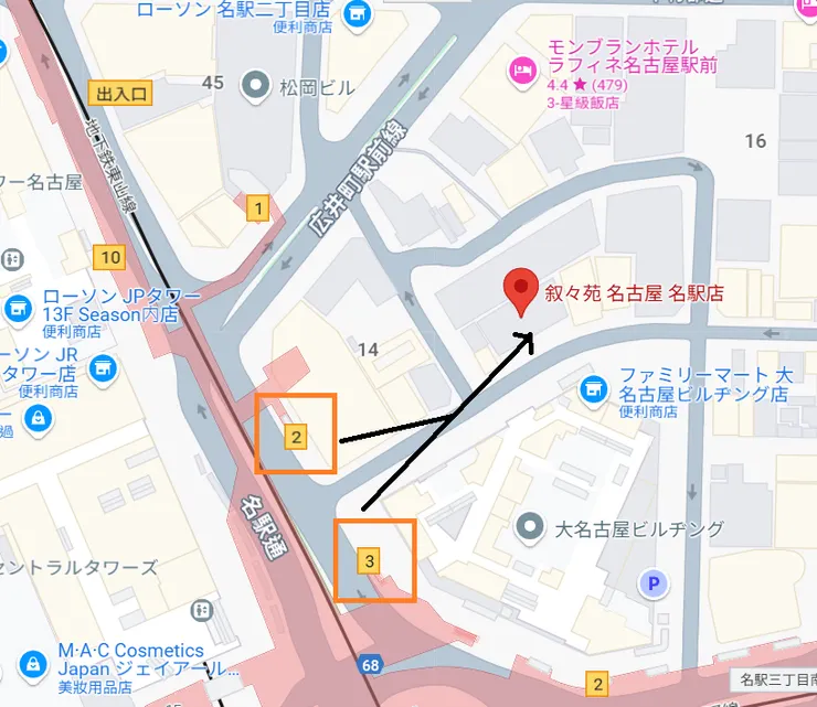 名古屋敘敘院地圖，可從JR名古屋站2, 3號出口最快到達