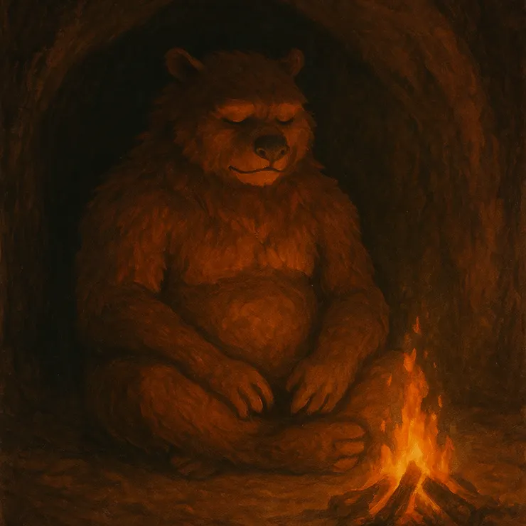 巨獸盤腿坐在火堆旁，火光把毛皮映成溫橘色。
