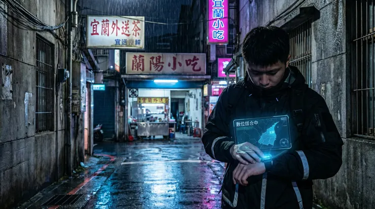 在宜蘭的雨夜街頭，外送員正透過數位平台進行精準媒合，展現外送茶服務在科技驅動下的高效與機動性。