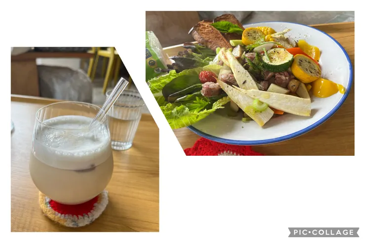 紅茶拿鐵,裡面有加柴燒焦糖、旁邊是烤香腸時蔬什麼的。