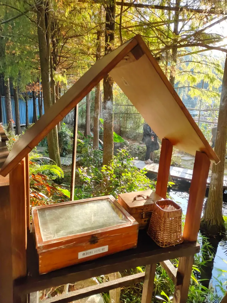 餵魚的飼料箱小屋很可愛，旁邊有錦鯉水池