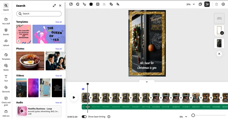 Adobe Express範本可以從左側欄看到，素材類型多元如短影片、圖形、音樂都有