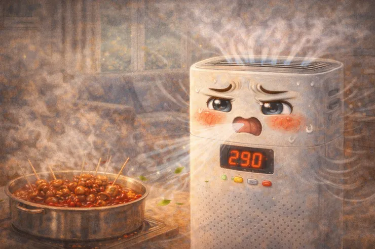 油画风格画面中，梁练伟家的空气净化器在麻辣烫前高速运转，数值飙升，卡通表情面红耳赤，用力吸走浓烈气味