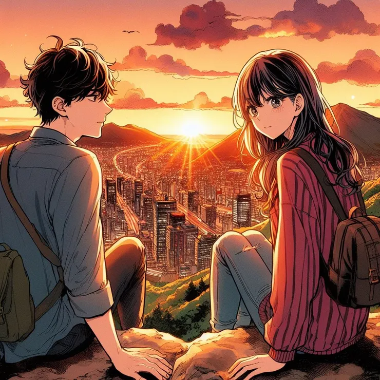 夕陽慢慢落下，我們在山頂並肩站著