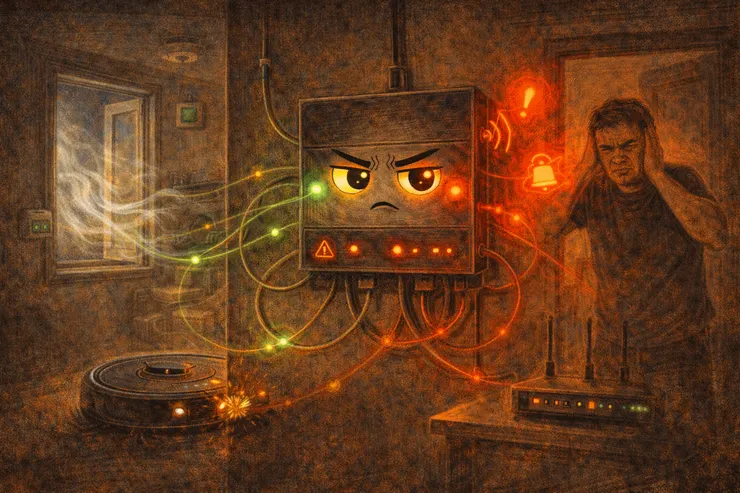 安防中枢同时触发通风与防盗警报，绿色与红色联动线路交错，梁练伟站在客厅捂耳嫌吵的瞬间