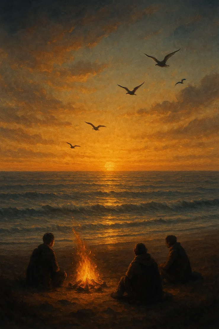 海平線伸展，潮聲呼吸。 營火燃著，旅人環坐，目光都望向遠方。 有鳥兒貼著浪飛過，帶來歸途的訊號。 希望原來是能被傳遞的火。