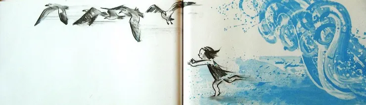 圖11 等到小女孩發覺不對勁，往左側（左邊頁面）奔逃時，後方已是盈尺高浪