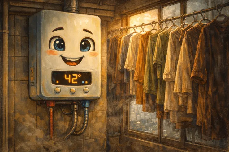 梁练伟家的智能热水器W5 拟人化表情的油画风封面图