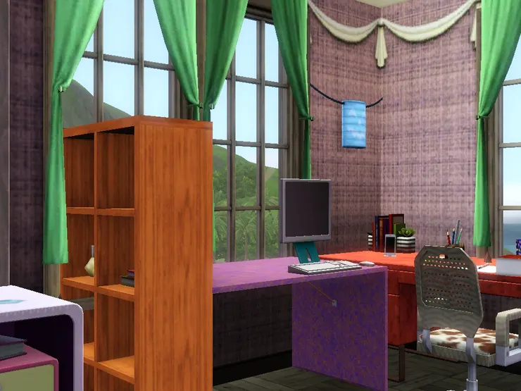 剛好有個角位，便L形放了兩張書桌，而角落不夠光，便放了藍色的壁燈。