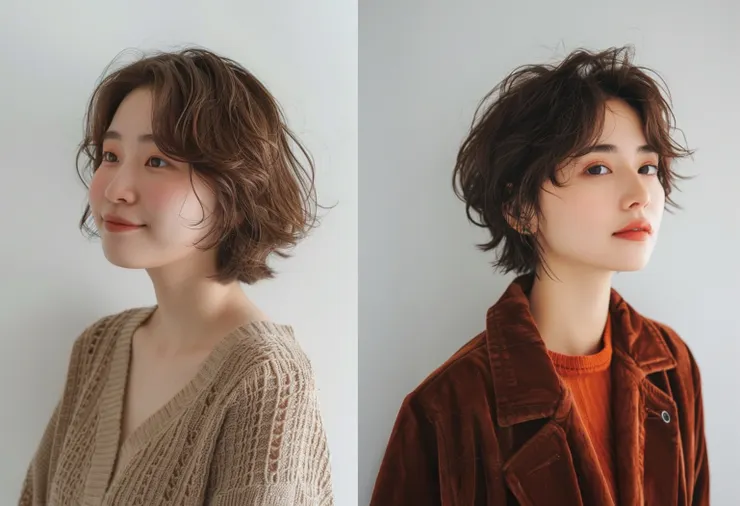 圖說：「歐姆蕾蛋糕捲」（左）的復古嬉皮燙與「紅酒洋梨果凍」（右）的水波紋燙，演繹個性與優雅兩種截然不同的風格。（資料來源：曼都髮型）（AI輔助創作視覺）