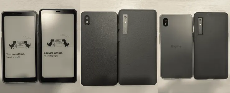 Bigme Hibreak無4G版與 Boox Palma 2 正面(左)、背面(中)與加裝保護殼後(右)比較