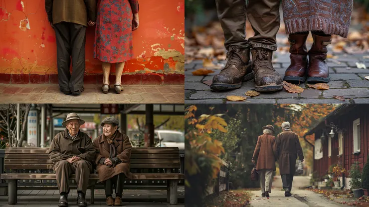 an old couple, head-to-foot shot, --ar 16:9 