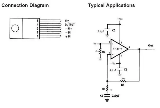 圖說 SK3875 線路及腳位圖,非常簡潔的線路,含 OP,一聲道只要 9 個(甚至 7 個)零件便能工作