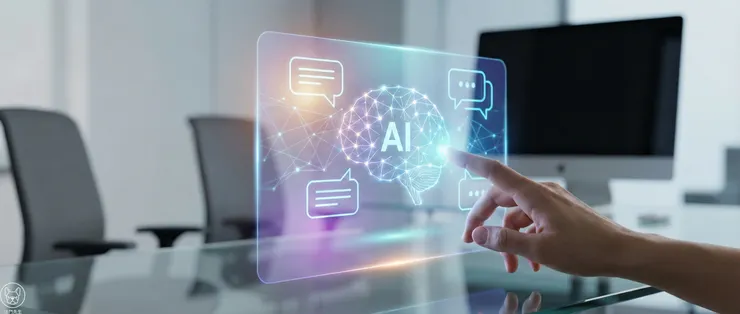 OpenAI ChatGPT 5.2 文章首圖：人類手部觸碰發光的全息 AI 介面，象徵更自然的對話體驗與智慧助手全面升級。