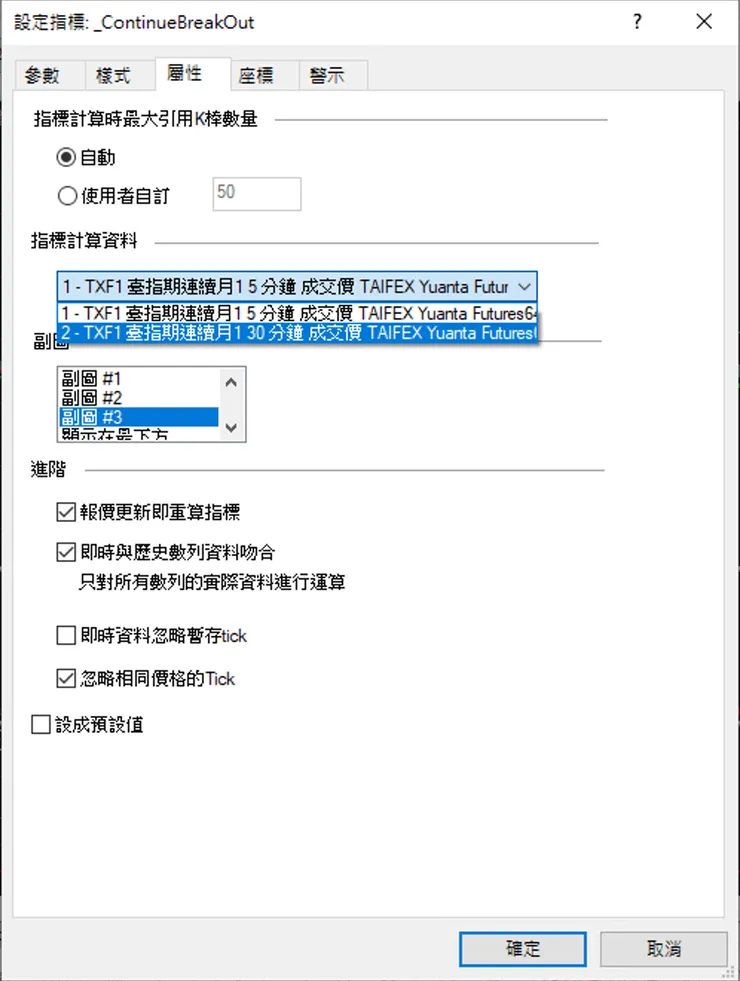 設定數列及副圖的位置