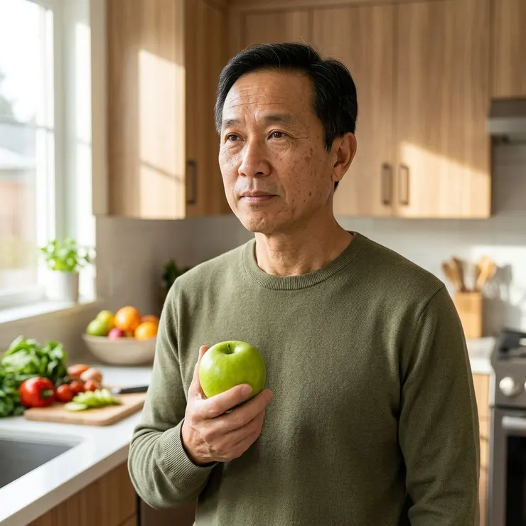 梁練偉在陽光廚房手持蘋果，思考日常健康飲食的重要性。