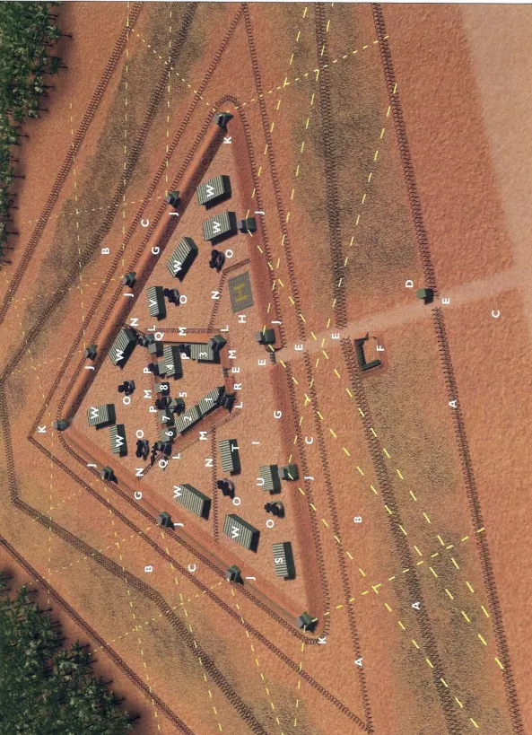 美軍特種部隊基地標準設計，最外圍數十米妨礙視線的草木都被清除，內部有多層鐵絲網障礙，最後則是複數火力點的交叉覆蓋，除非靠內應協助引導，否則多數情況下北越根本無法單靠輕步兵突破這樣的防禦體系。