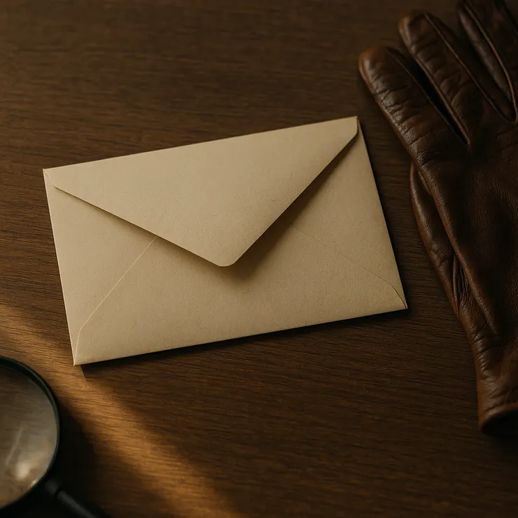 未開的信封與手套相對；晨光斜進，紙角有細小折痕。