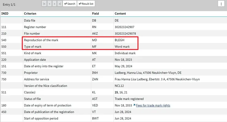 該「Blegh」的註冊商標（連結至：德國專利商標局）