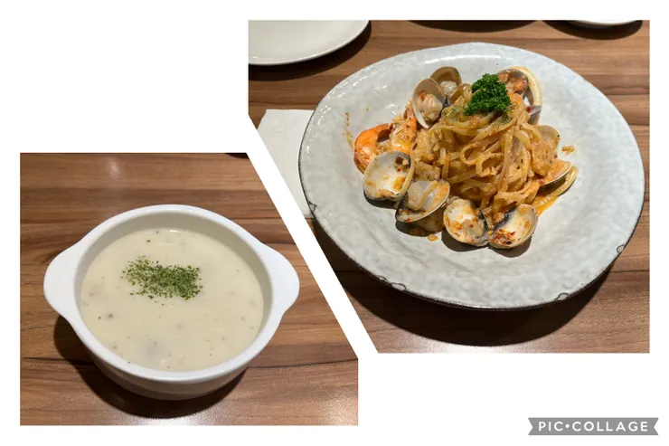 馬鈴薯濃湯、明太子海鮮義大利麵。
