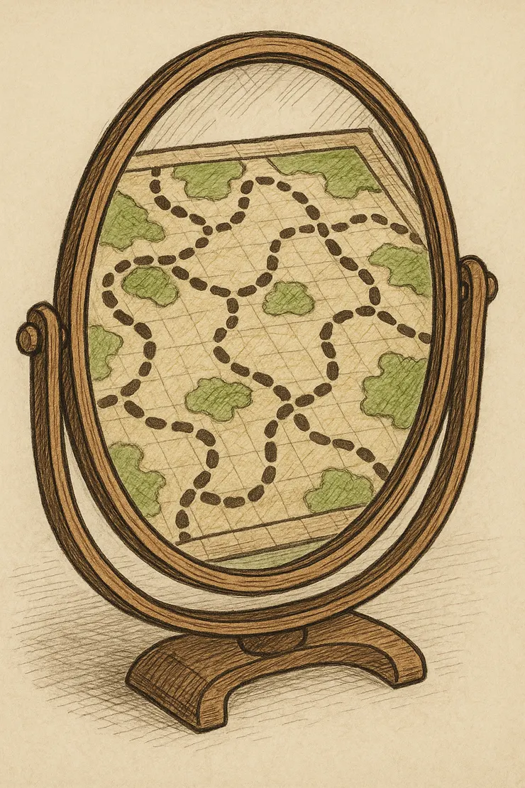 一面鏡子，占了圖片的大半空間。鏡子裡映照出桌遊的地圖，地圖上清楚呈現用一個個腳印拼湊成的各條路徑。