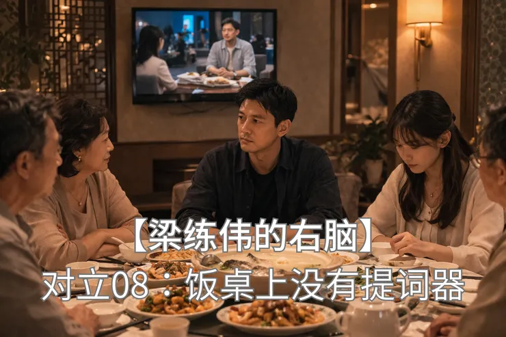 梁练伟坐在酒楼包厢里，墙上电视正无声播着他的访谈画面