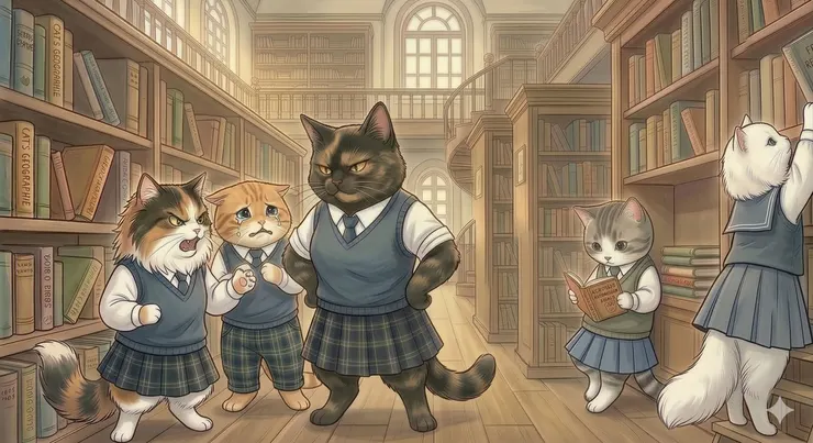 灰貓終於培養出在嘈雜環境也能專心看書的能力（好貓咪不可以在圖書館吵鬧喔）