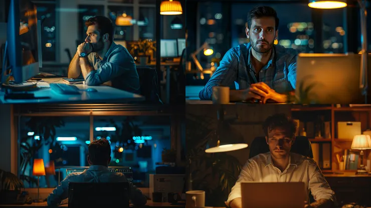 a man stays up late in the office at night, bust shot, --ar 16:9