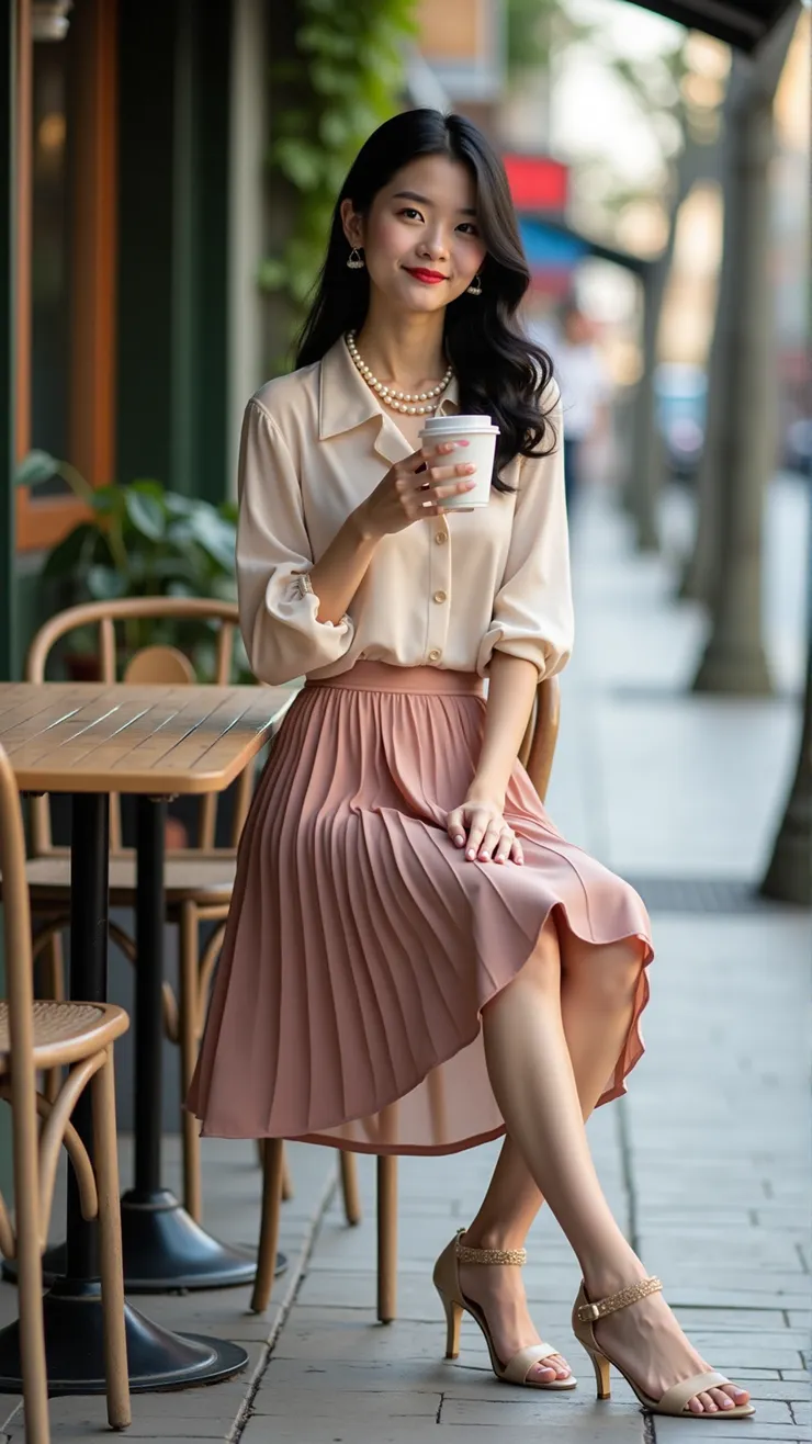 Silk blouse, pleated midi skirt, ankle strap heels, pearl necklace