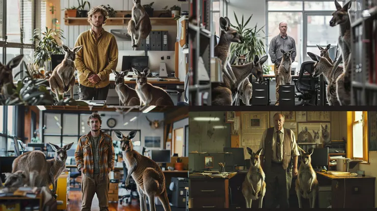 第一次嘗試 bust shot of a man standing between kangaroos in an office, --ar 16:9