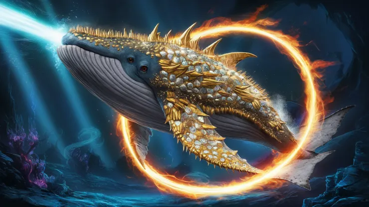 A dazzling depiction of a majestic sperm whale adorned with golden spikes, glittering diamond scales, and encircled by fiery rainbow flames. This formidable creature erupts from the depths of the underwater world of Sibogochthonius, unleashing a powerful beam of light that illuminates the mysterious abyss. The background showcases an otherworldly underwater landscape, with bioluminescent plants and strange creatures hidden in the shadows.