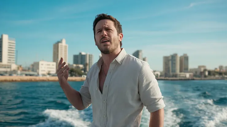 A cinematic shot of a man singing a song in honor of the port of Tel Aviv. He is standing on a boat in the middle of the sea. The background contains the shoreline of Tel Aviv with modern buildings and a clear blue sky.