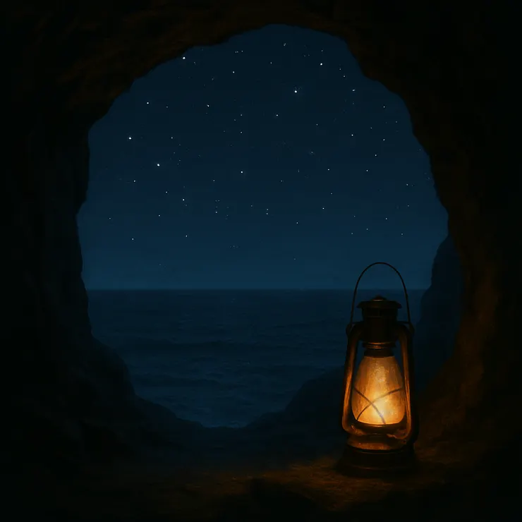 夜裡的燈火，在洞口守著。 海在眼前展開，星子在頭頂閃爍。 有人將循著這一盞燈而來， 在浪聲裡找到自己的名字。