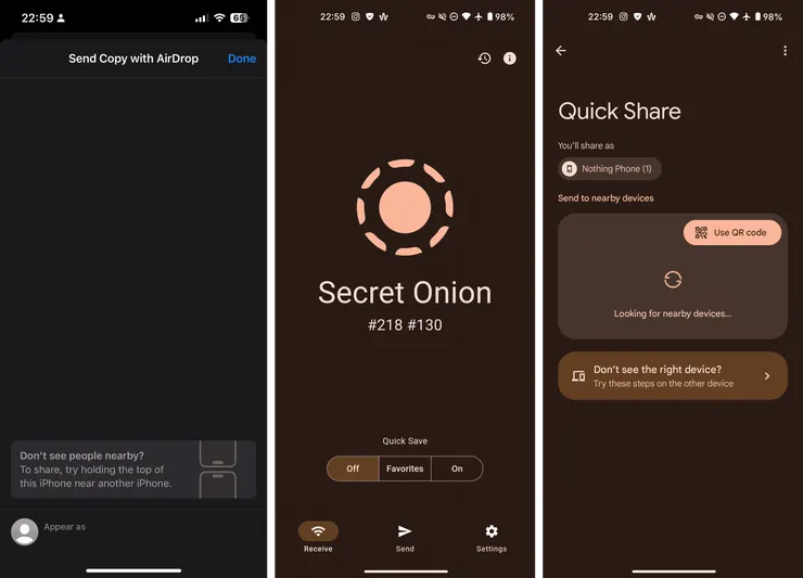 iOS系統的Airdrop (左)、安卓系統的Quickshare (右)及兩種系統都可以另外安裝的檔案分享軟體Localsend介面(中)