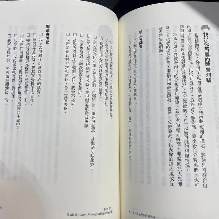《在一起，不是要你假裝幸福：揮別戀愛焦慮的25堂感情成長課》一書中抓人鬼與躲藏者陣營的心理測驗
