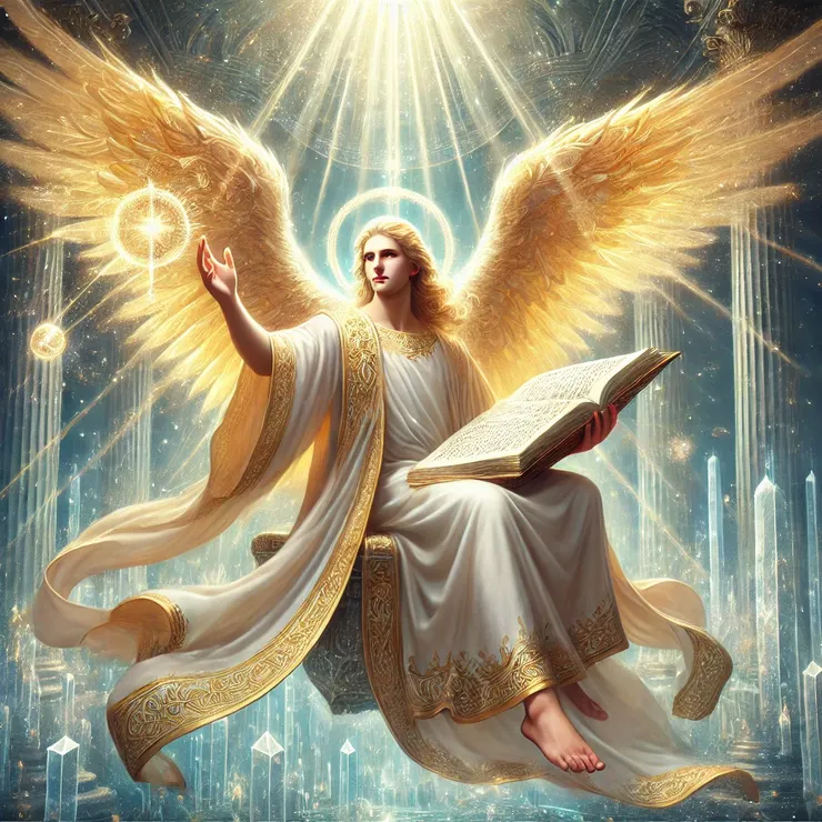 他被描繪為天界的靈魂審判者,坐在水晶般的寶座上,象徵著純潔與神聖的公義。他穿著白金相間的長袍,代表天界的純淨與正義。他的巨大光輝羽翼散發柔和的金色光芒,顯示出天使的崇高地位