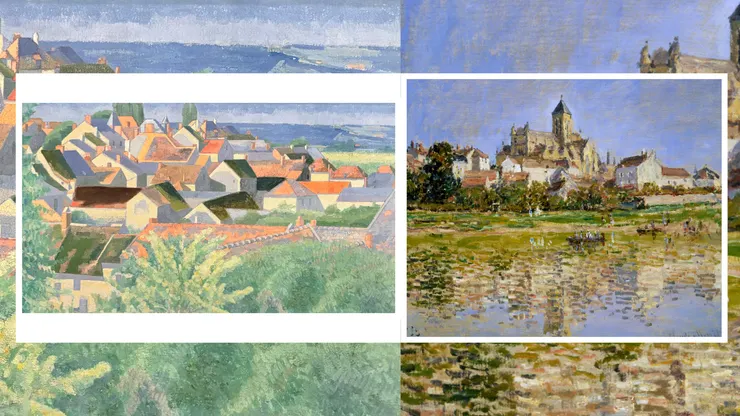 左：ヴェトイユ風景｜土田麦僊,1922年,福田美術館藏。 右：The Church at Vétheuil(W.531)｜Claude Monet,1880,Southampton Art Gallery