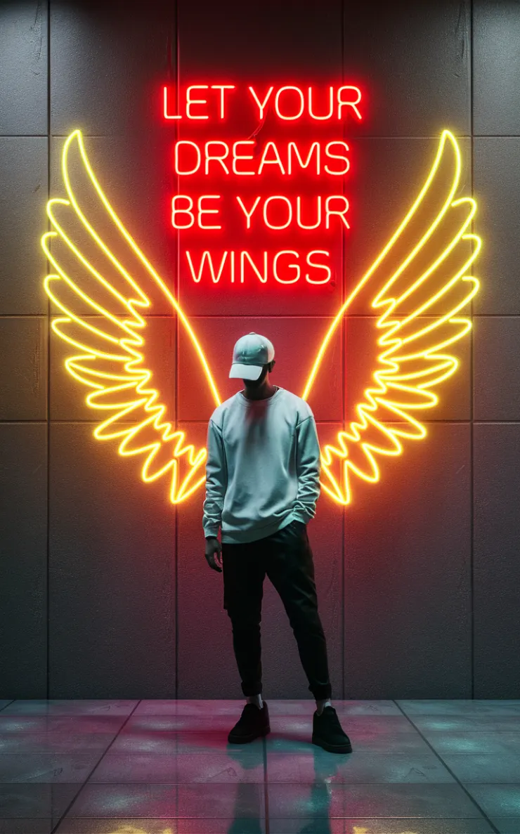 In this striking and futuristic scene, a mysterious individual stands confidently in front of a mesmerizing neon wall. The individual's casual attire - a white sweater, white cap, black pants, and black shoes - contrasts with the vibrant neon wings in bright yellow, symmetrically placed on either side of the figure. The bold red neon quote "LET YOUR DREAMS BE YOUR WINGS" adds an inspiring touch to the composition. The floor, made of tiles, reflects the grayish hue of the wall, creating a cohesive and captivating atmosphere that motivates and lifts the spirit.