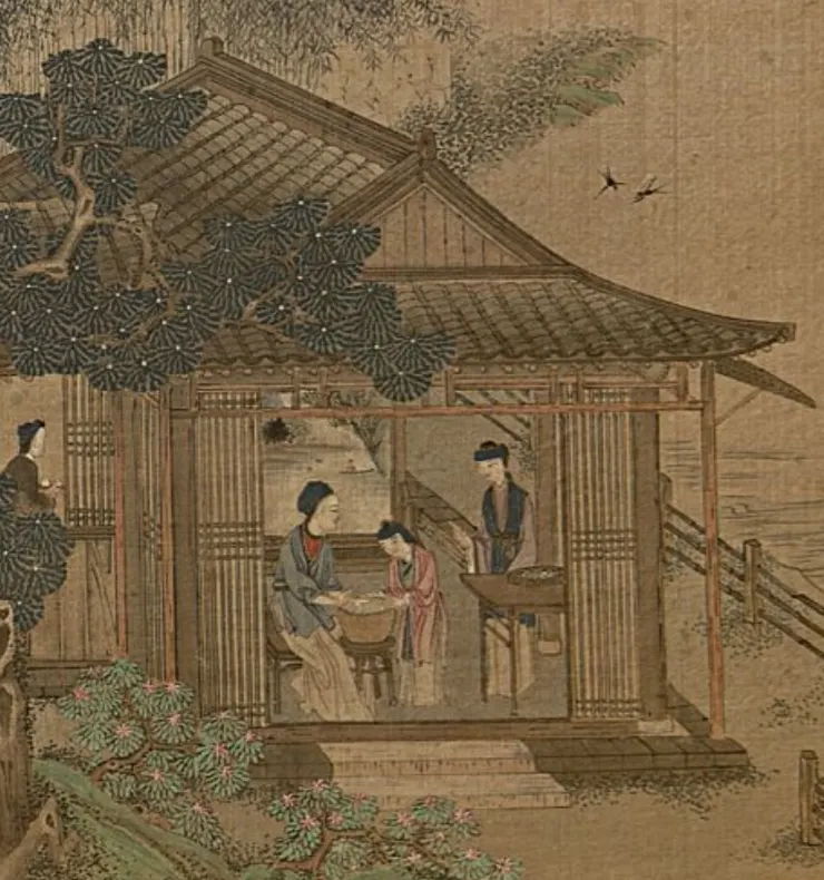 所謂的浴蠶,就是通過水浴,以去除蠶卵表面的雜質和病菌,並淘汰虛弱或發育不良的卵,確保僅強壯的蠶卵孵化。清康熙版《耕織圖》第 1圖