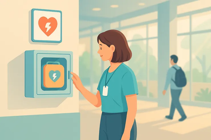 公共場所設置 AED 的情境。清楚可見機箱與標示，象徵守護生命與制度化管理。