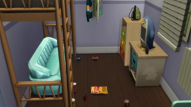 男孩子的房間就是這麼亂七八糟，地上都是零食空袋和空汽水罐...