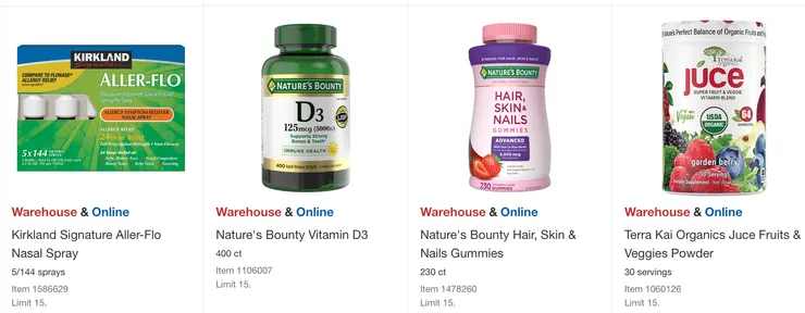 Kirkland 過敏鼻炎噴劑$19.99、Nature's Bounty D3 $19.99、抗氧化維他命 $17.99、Terra Kai USDA 有機認證超級蔬果粉 $20.99。