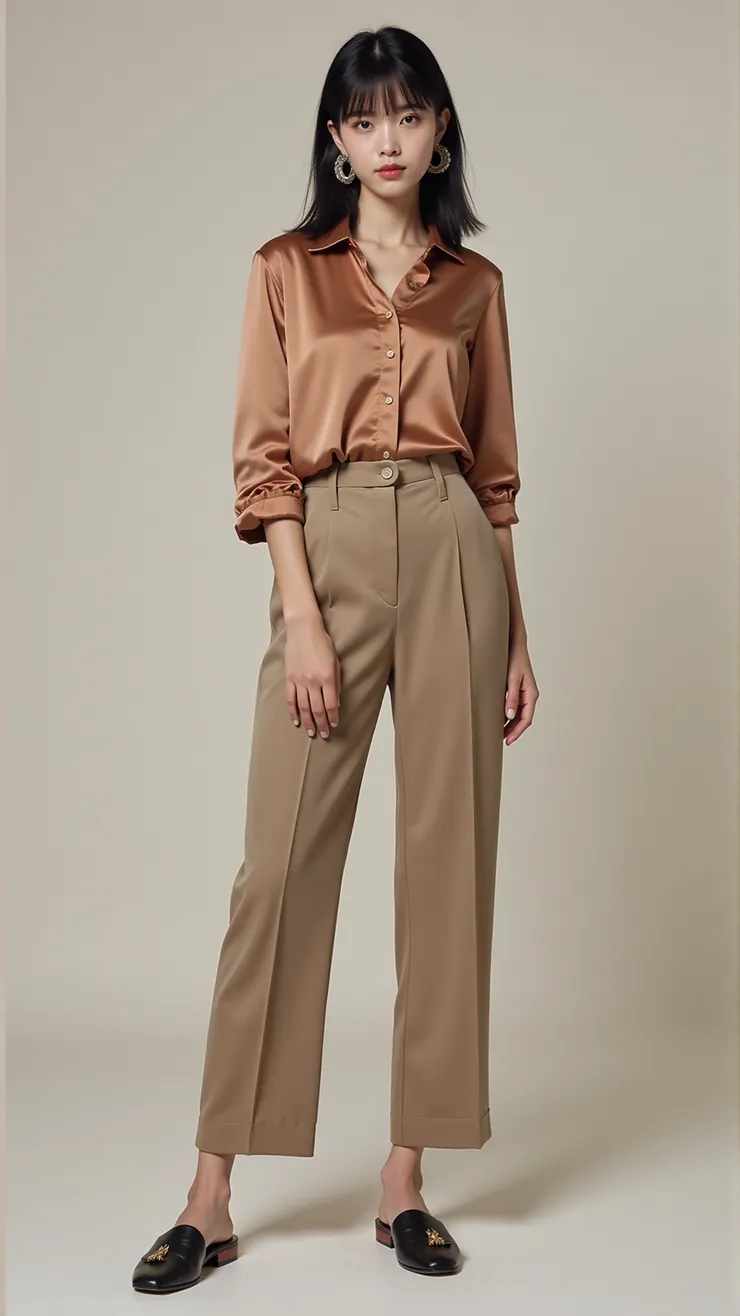 Satin blouse, high-waisted trousers, hoop earrings, mules( 緞面襯衫，高腰長褲，大圈耳環，穆勒鞋 )